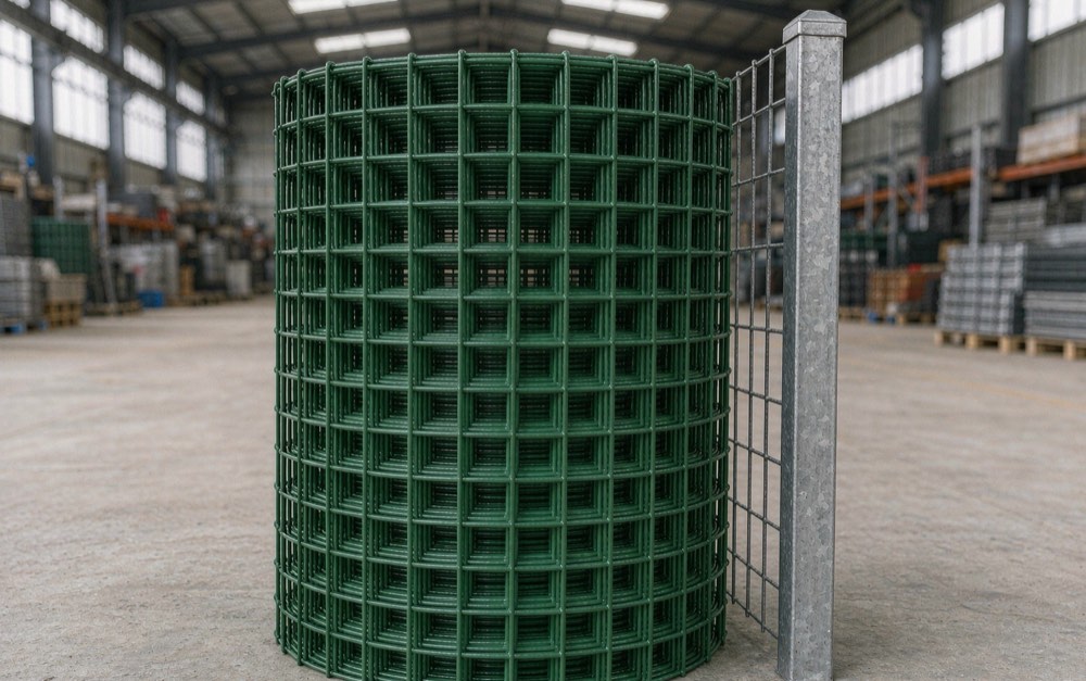 Green PVC coated welded wire mesh roll standing in a warehouse next to a galvanized post