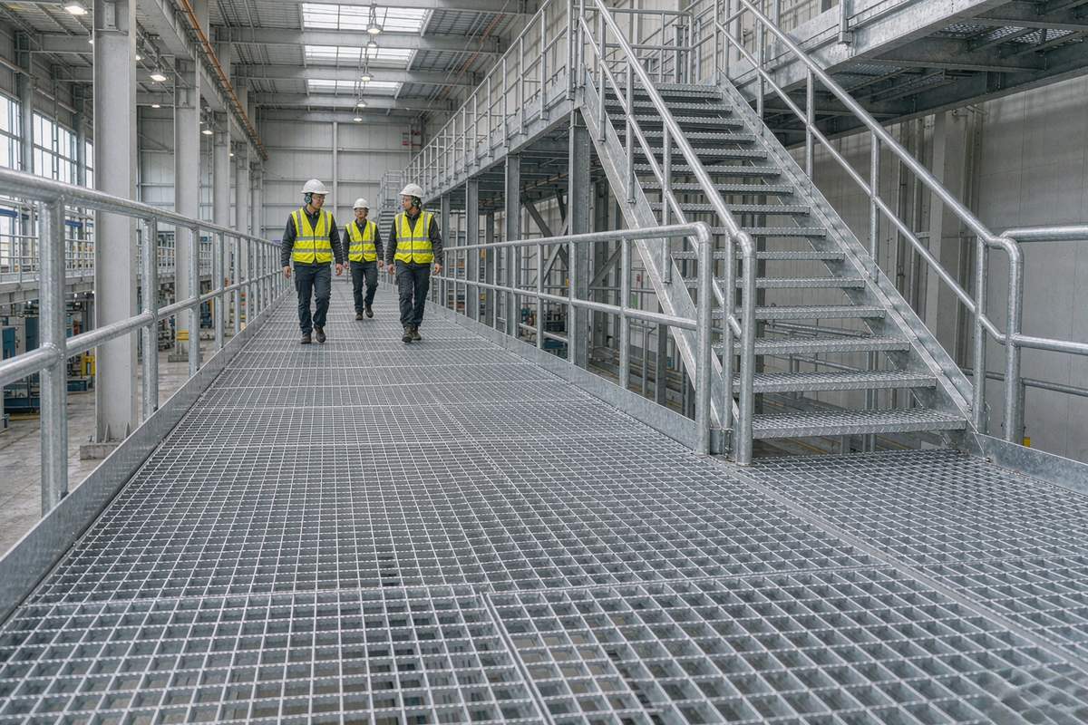 Galvanized steel grating walkway and stair treads installed in an industrial plant